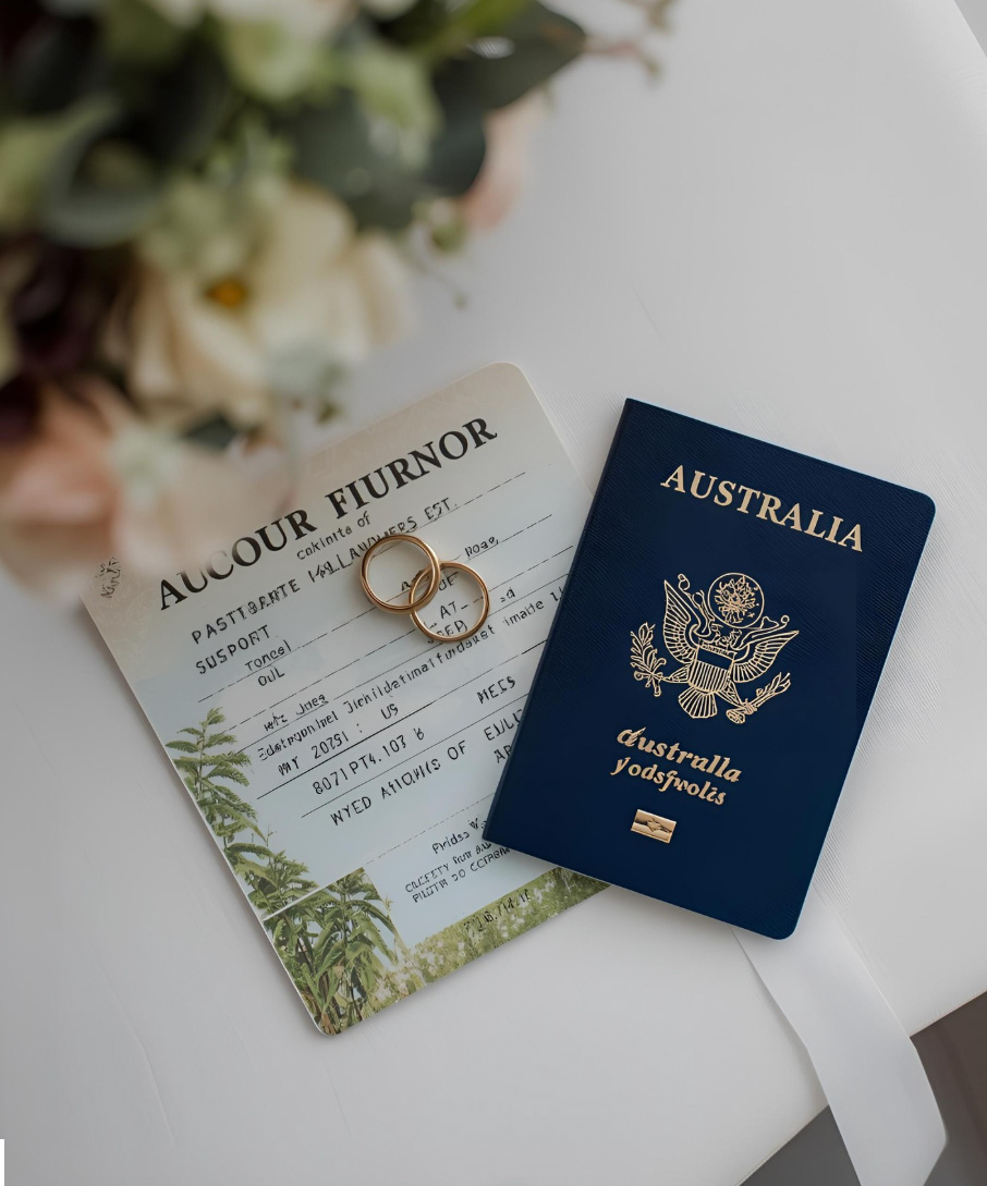 Passport, boarding pass and wedding rings flat-lay
