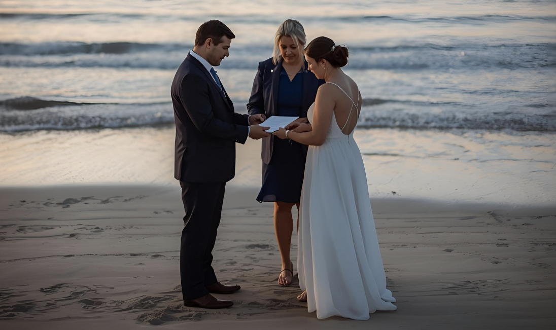 Smiling couples immediately after a ceremony, holding a marriage certificate