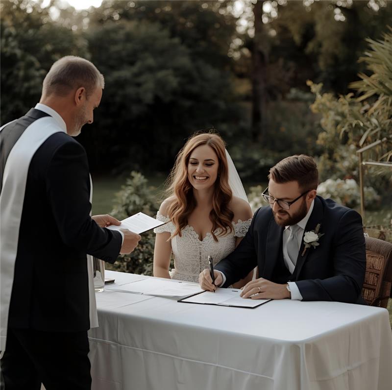 Celebrant with couple signing paperwork